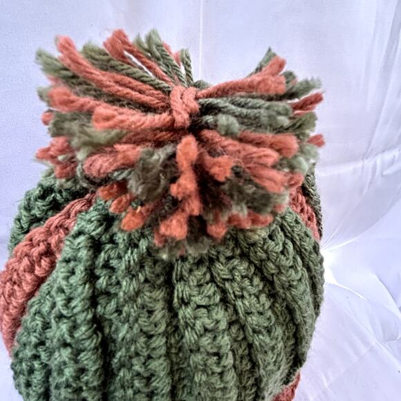 Crochet large green and brown stocking hat cap handmade nwot unisex 13" x 12" - Picture 7 of 8